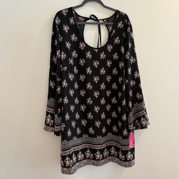 Boho Mini Dress Floral Long Bell Sleeves Open Back Loose A-Line Hippie - Picture 1 of 4